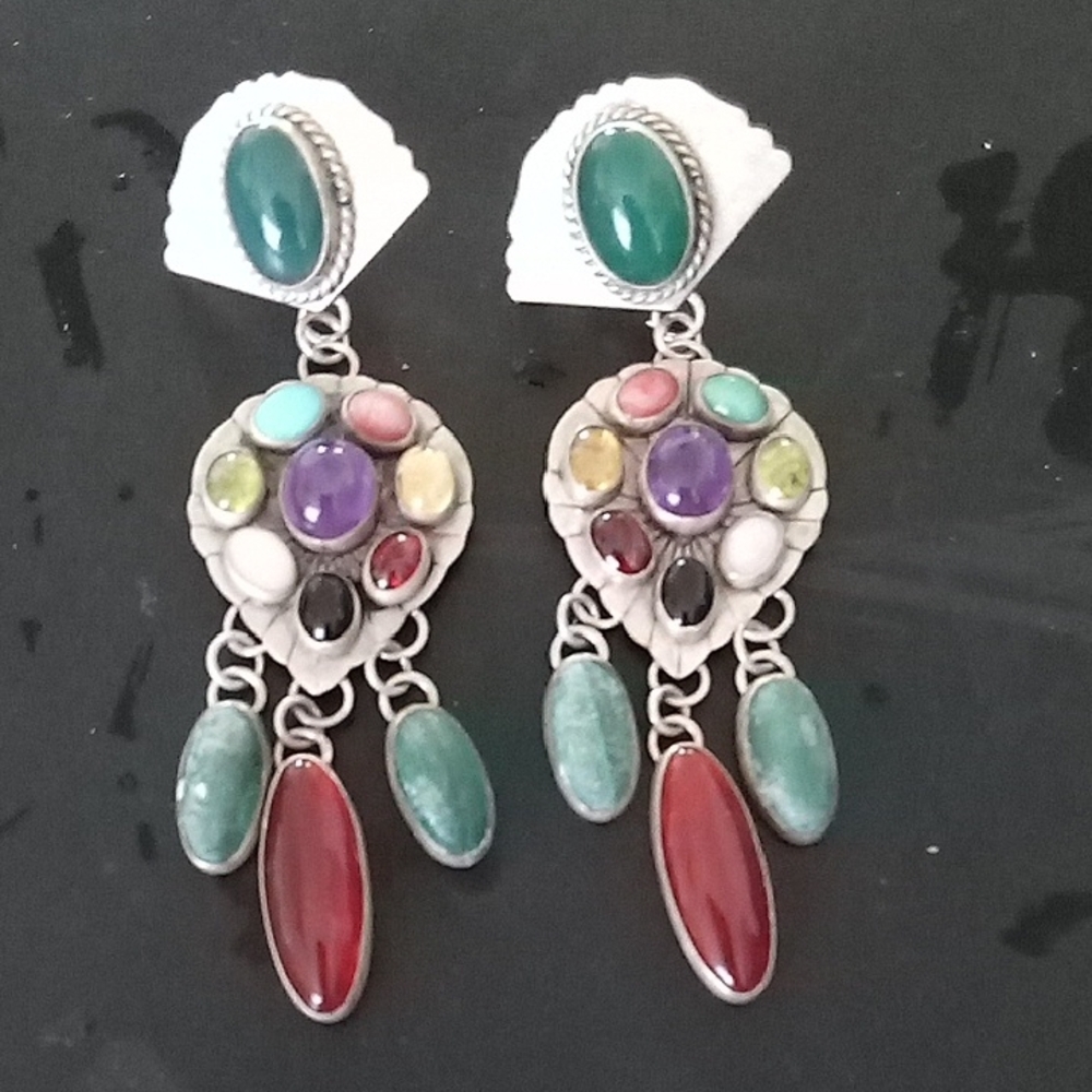 Multicolor Gemstone Dangle Earrings - Silver Tone